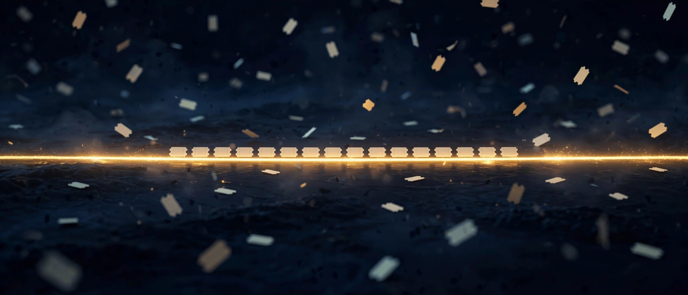 Tickets aligned on a golden plan line while most drift scattered in the dark